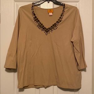 Ruby Rd. 3/4 Sleeve Top with Embellished V Neckline